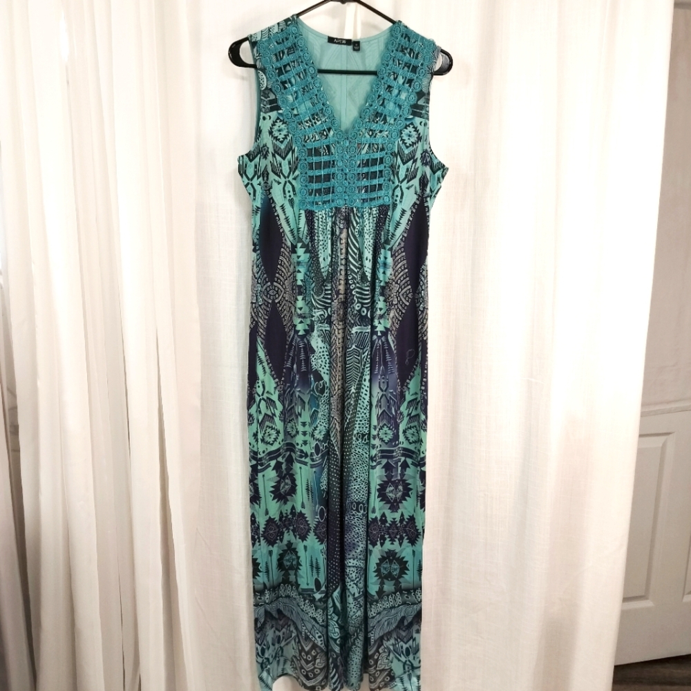 2/$30 Apt 9 Y2K Blue Print‎ Sleeveless Maxi Dress Size M Phoebe Friends Resort